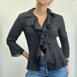 Vintage Y2k Black Ruffle Eyelet Lace Blouse Button Front Chiffon Crinkle Size S